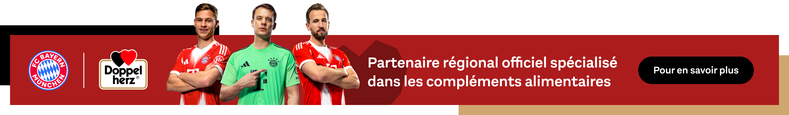 Au premier plan, trois joueurs du FC Bayern sont présentés. À côté d’eux se trouvent les logos du FC Bayern Munich et de Doppelherz, ainsi que le texte : "Partenaire régional officiel pour les compléments alimentaires". Un bouton noir porte l’inscription "En savoir plus".
